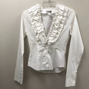 NEW! LULY K New York City, V neck Ruffled Top, White